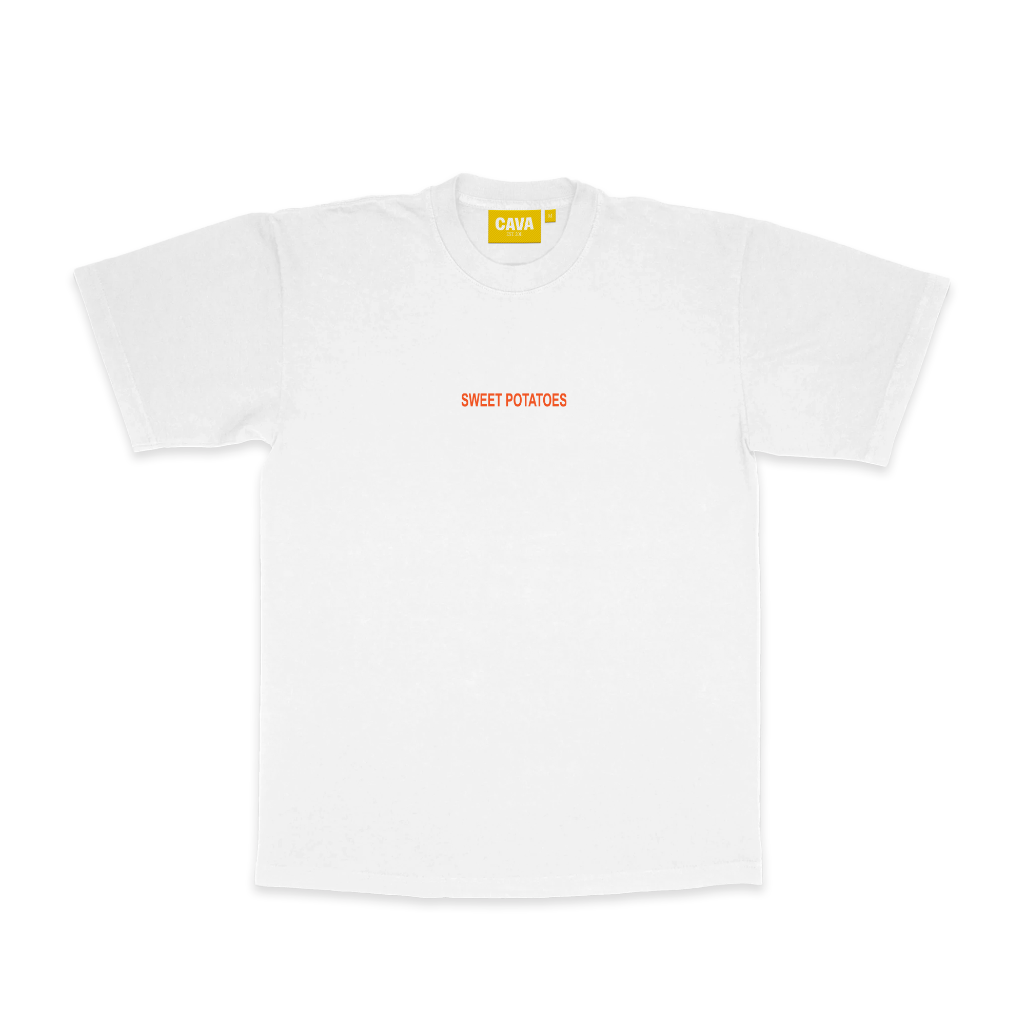 White t-shirt with 'Sweet Potatoes' text on a white background