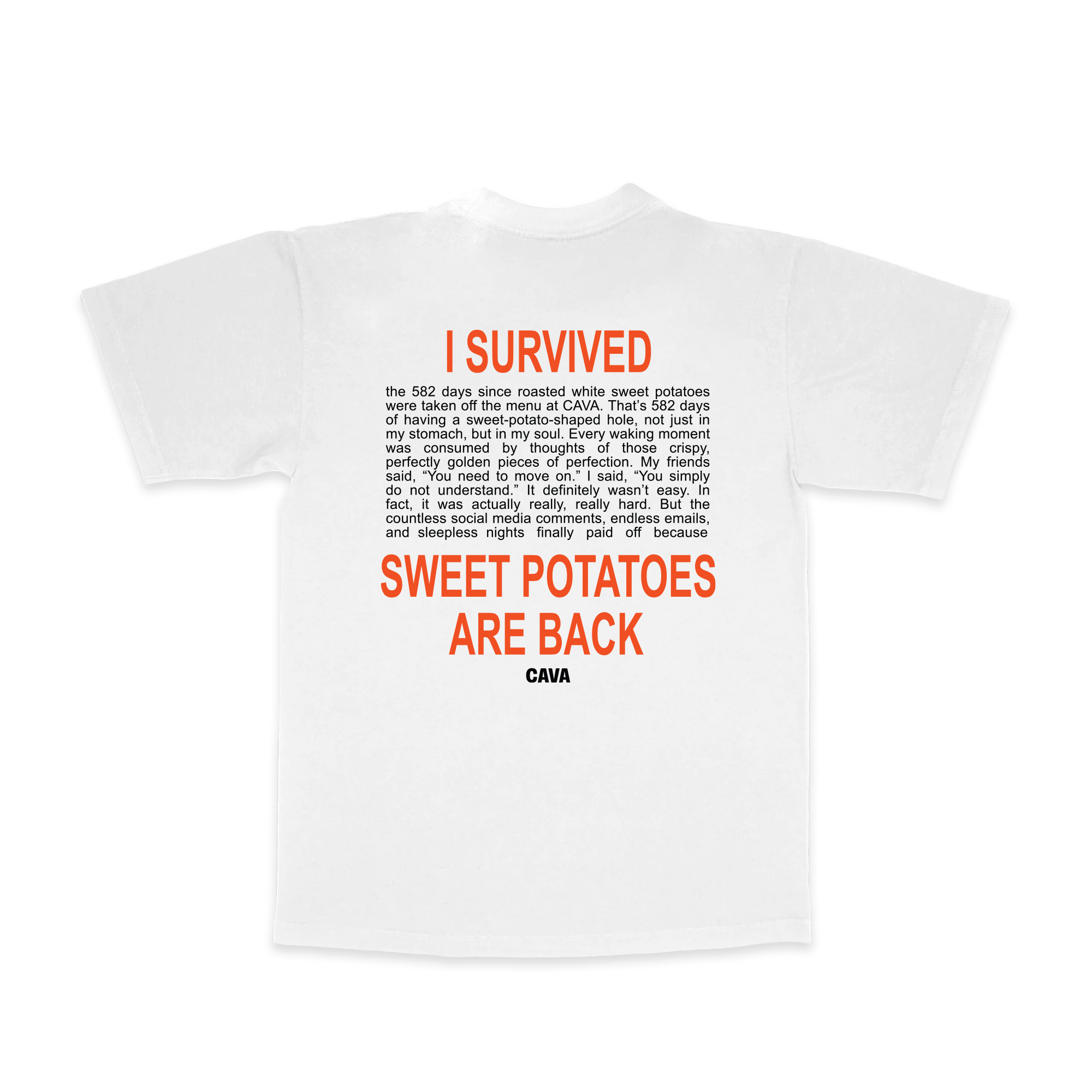 White t-shirt with red text on a white background